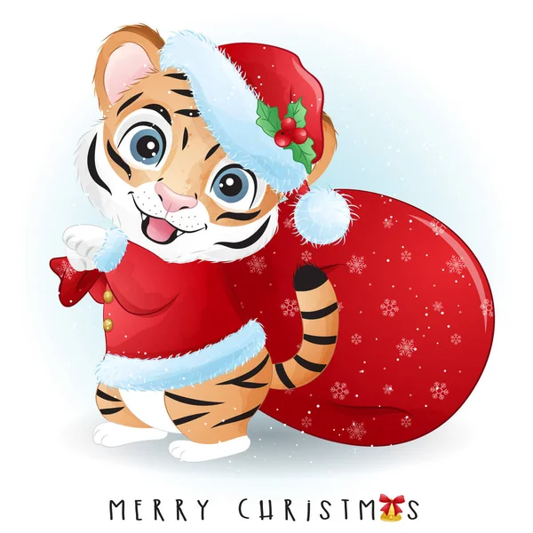 Cute Doodle Tiger Merry Christmas Illustration - Stok Vektor