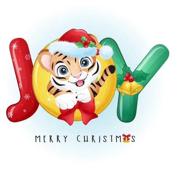 Tigre Doodle Bonito Para Ilustração Feliz Natal — Vetor de Stock