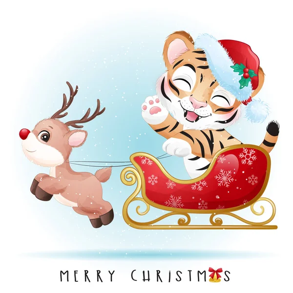 Cute Doodle Tiger Merry Christmas Illustration - Stok Vektor