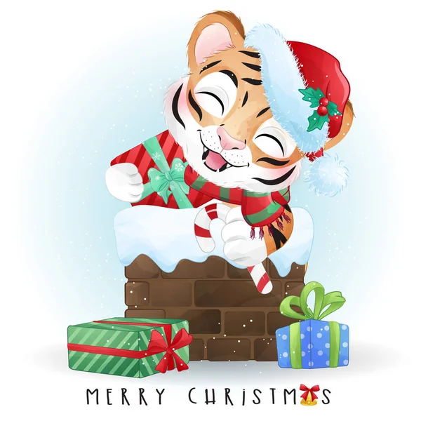 Mignon Tigre Doodle Pour Joyeux Noël Illustration — Image vectorielle