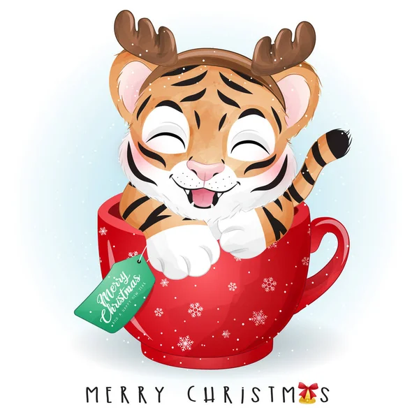 Carino Doodle Tigre Buon Natale Illustrazione — Vettoriale Stock