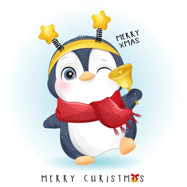 Aranyos Doodle Pingvin Boldog Karácsonyt Akvarell Illusztráció — Stock Vector