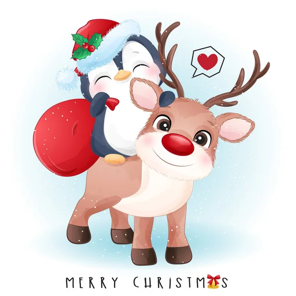 Carino Doodle Pinguino Buon Natale Con Acquerello Illustrazione — Vettoriale Stock