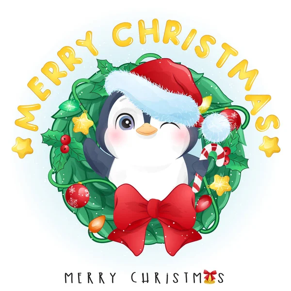 水彩イラストで陽気なクリスマスのためのかわいいドードルペンギン — ストックベクタ