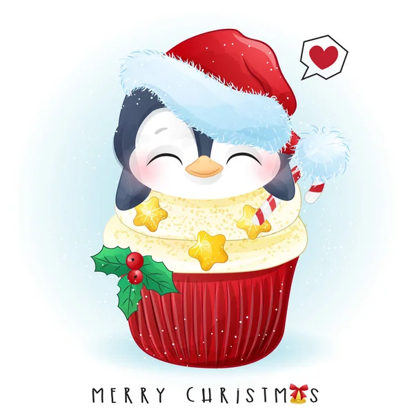 Leuke Doodle Pinguïn Voor Vrolijk Kerstfeest Met Aquarel Illustratie — Stockvector
