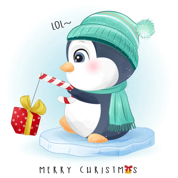 Pinguim Doodle Bonito Para Feliz Natal Com Ilustração Aquarela — Vetor de Stock