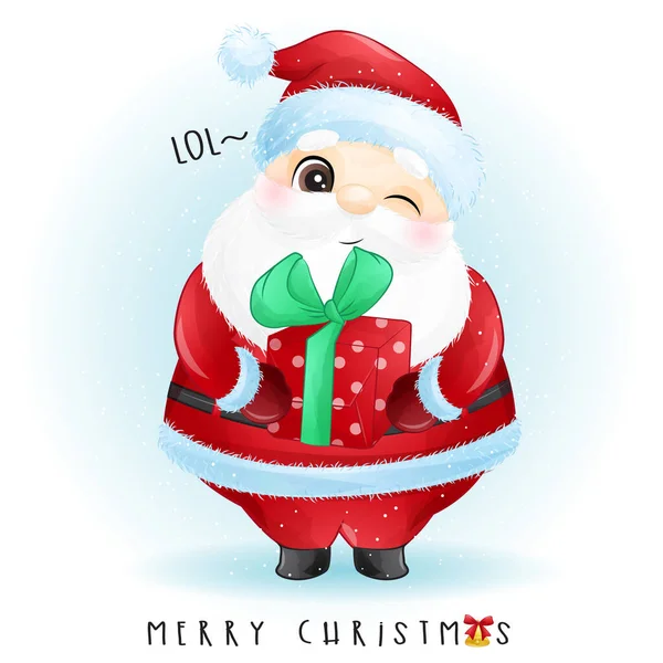Bonito Doodle Santa Claus Para Feliz Navidad Con Ilustración Acuarela — Vector de stock
