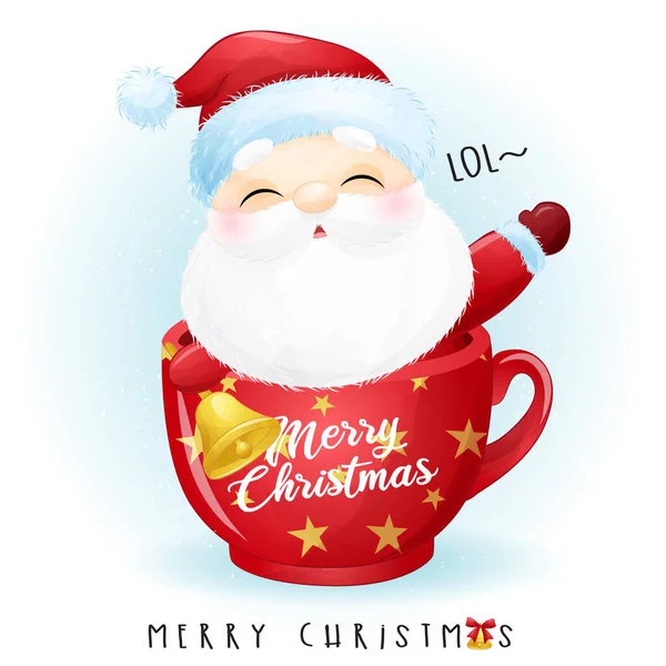 Doodle Bonito Papai Noel Para Feliz Natal Com Ilustração Aquarela — Vetor de Stock