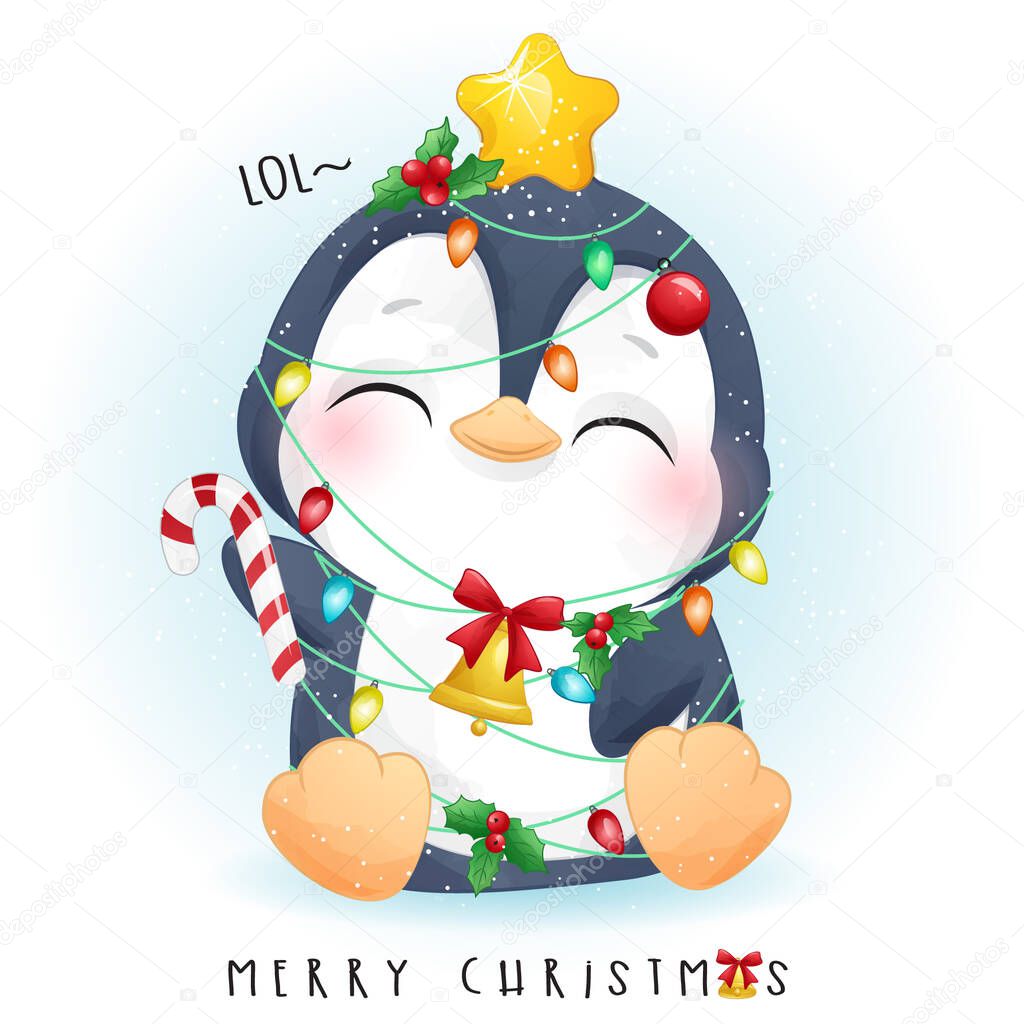 Cute doodle penguin for merry christmas with watercolor illustration