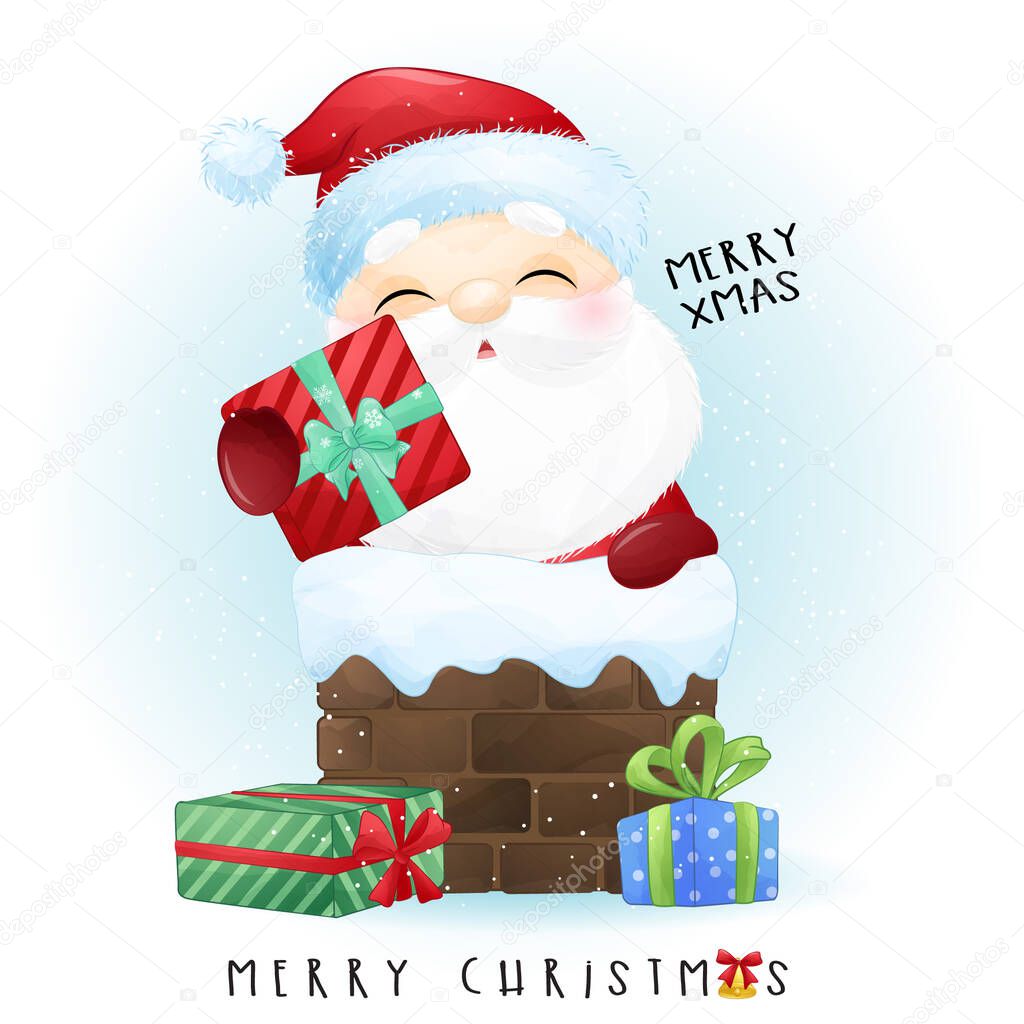 Cute doodle santa claus for merry christmas with watercolor illustration