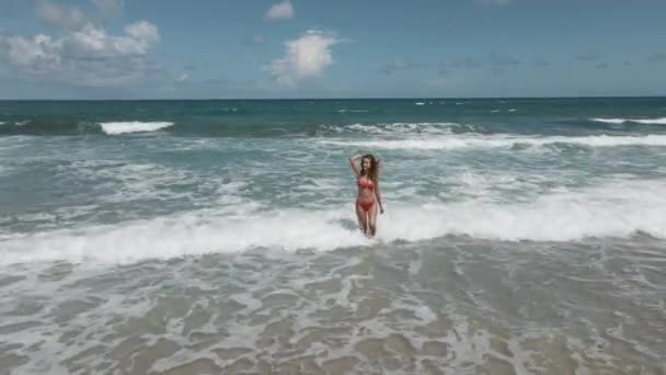 Hermosa dama disfrutando en la playa del océano — Vídeos de Stock