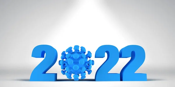 Takvim yılı 2022 'de Coronavirus: Yeni yıl hedef planlaması. Pandemik için aşı. 3D render mavi sayılar. Kopya alanı olan renkli arkaplan. Zero tehlikeli bir virüs bakteri hücresidir..