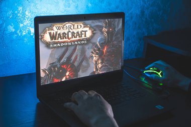 World of Warcraft çok oyunculu çevrimiçi bir rol yapma oyunudur. Bilgisayar oyunu. Adam dizüstü bilgisayarda video oyunu oynuyor