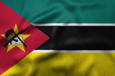 Çizgili, üçgen, yıldız ve amblemli Mozambik bayrağı. Yüksek kalite fotoğraf