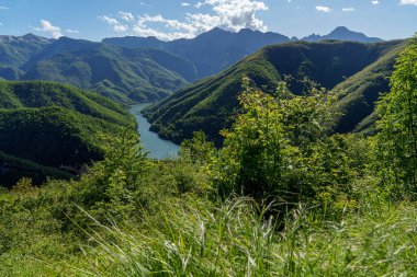 İtalya 'nın Toskana bölgesindeki ApuAlps Bölgesel Doğal Parkı' ndaki yeşil tepelerden geçen Dağ Gölü. Huzurlu yaz doğa manzarası. Yüksek kalite fotoğraf