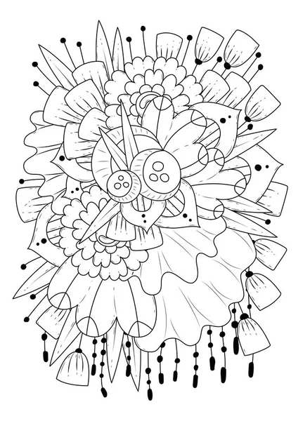 Çocuklar ve yetişkinler için boyama sayfası. Soyut çiçekli vektör çizimi. Renklendirme, kumaş veya kağıt üzerine yazdırma için siyah-beyaz arkaplan.