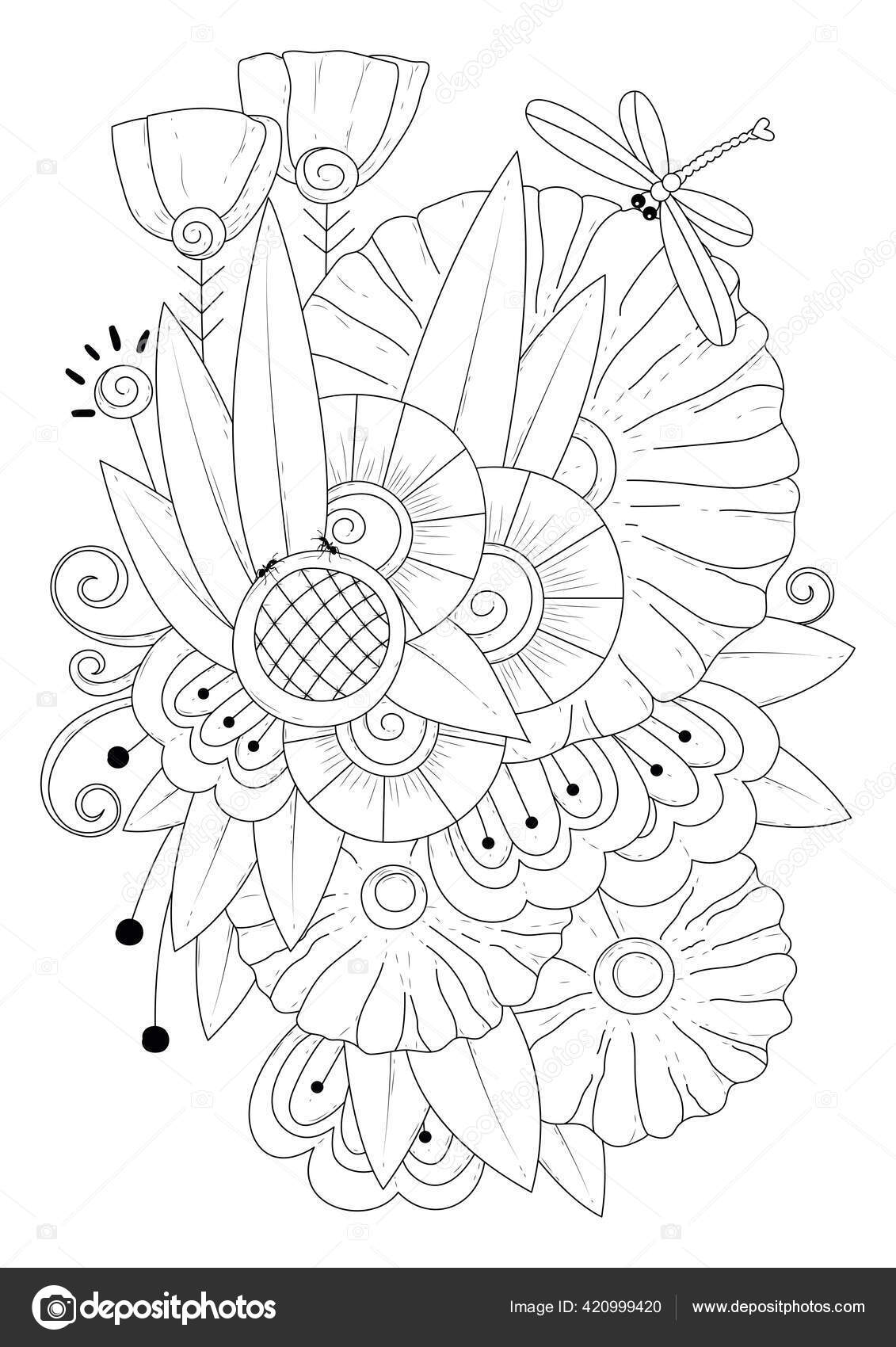 Dessin Au Trait Abstrait De Fleur Pour Le Fond, Illustration De Livre De  Coloriage Adulte