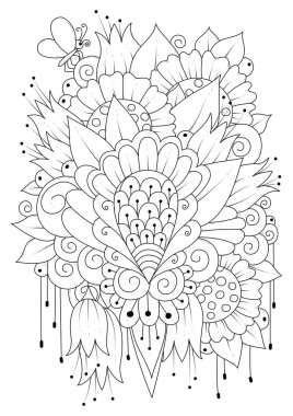 Çocuklar ve yetişkinler için boyama sayfası. Soyut çiçekli vektör çizimi. Renklendirme, kumaş veya kağıt üzerine yazdırma için siyah-beyaz arkaplan.