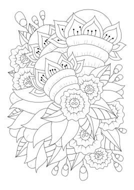 Çocuklar ve yetişkinler için boyama sayfası. Soyut çiçekli vektör çizimi. Renklendirme, kumaş veya kağıt üzerine yazdırma için siyah-beyaz arkaplan.