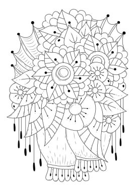 Çocuklar ve yetişkinler için boyama sayfası. Soyut çiçekli vektör çizimi. Renklendirme, kumaş veya kağıt üzerine yazdırma için siyah-beyaz arkaplan.