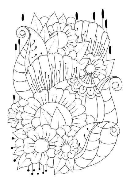 Színező Oldal Gyerekeknek Felnőtteknek Vektor Illusztráció Absztrakt Virágokkal Fekete Fehér — Stock Vector