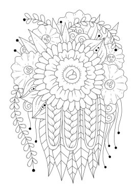 Çocuklar ve yetişkinler için boyama sayfası. Soyut çiçekli vektör çizimi. Renklendirme, kumaş veya kağıt üzerine yazdırma için siyah-beyaz arkaplan.