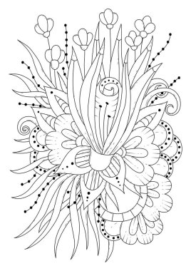 Çocuklar ve yetişkinler için boyama sayfası. Soyut çiçekli vektör çizimi. Renklendirme, kumaş veya kağıt üzerine yazdırma için siyah-beyaz arkaplan.