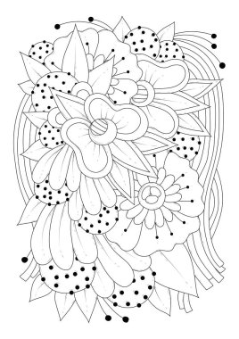 Çocuklar ve yetişkinler için boyama sayfası. Soyut çiçekli vektör çizimi. Renklendirme, kumaş veya kağıt üzerine yazdırma için siyah-beyaz arkaplan.