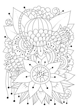 Çocuklar ve yetişkinler için boyama sayfası. Soyut çiçekli vektör çizimi. Renklendirme, kumaş veya kağıt üzerine yazdırma için siyah-beyaz arkaplan.