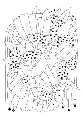 Çocuklar ve yetişkinler için boyama sayfası. Soyut çiçekli vektör çizimi. Renklendirme, kumaş veya kağıt üzerine yazdırma için siyah-beyaz arkaplan.
