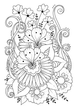 Çocuklar ve yetişkinler için boyama sayfası. Soyut çiçekli vektör çizimi. Renklendirme, kumaş veya kağıt üzerine yazdırma için siyah-beyaz arkaplan.
