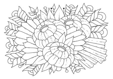 Çocuklar ve yetişkinler için boyama sayfası. Soyut çiçekli vektör çizimi. Renklendirme, kumaş veya kağıt üzerine yazdırma için siyah-beyaz arkaplan.