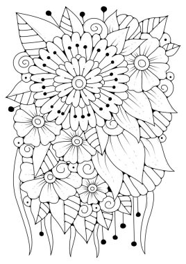 Çocuklar ve yetişkinler için boyama sayfası. Soyut çiçekli vektör çizimi. Renklendirme, kumaş veya kağıt üzerine yazdırma için siyah-beyaz arkaplan.