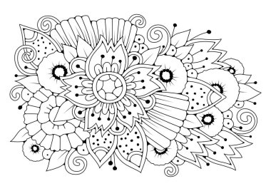 Çocuklar ve yetişkinler için sanat terapisi boyama sayfası. Soyut çiçeklerle illüstrasyon. Renklendirme, kumaş veya kağıt üzerine yazdırma için siyah-beyaz arkaplan.