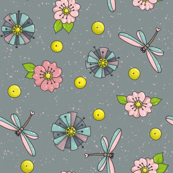 Seamless pattern. Blue, pink flowers and dragonflies on a blue background. Floral ornament.