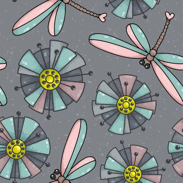 Seamless pattern with flowers and dragonflies. Vector background for printing onto fabric or paper.