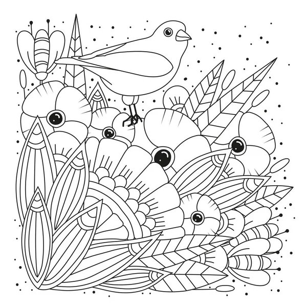 Omalovánky Ilustrace Pro Zbarvení Květinami Ptákem Čára Umění — Stockový vektor