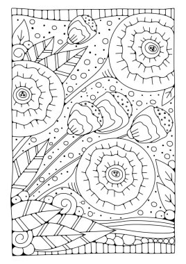 Çiçekler, tomurcuklar, yapraklar. Resim çizimi. Boyama sayfası. Renklendirme için siyah beyaz arkaplan.