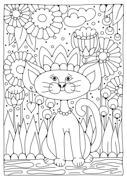 Çocuklar ve yetişkinler için boyama sayfası. Bahçede elinde çiçeklerle sevimli bir kedi oturuyor. Renkler için vektör illüstrasyonu. Siyah-beyaz süs. Sanat çizgisi. Sanat terapisi.