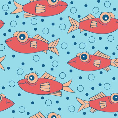 Mavi arka planda çizgi film balığı olan kusursuz çocuk deseni. Kumaş ya da kağıda yazdırmak için desen.
