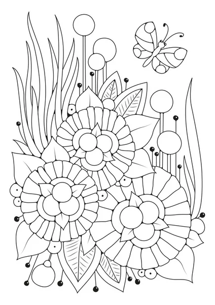 Butterfly Flies Flowers Garden Coloring Page Line Art Black White — Stock vektor