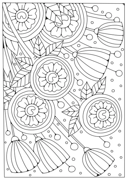 Butterfly Flies Flowers Garden Coloring Page Line Art Black White — Stockvector