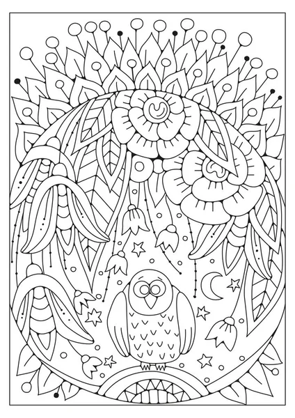 Coloring Page Flowers Owl Vector Black White Illustration Coloring Line — Stock Vector