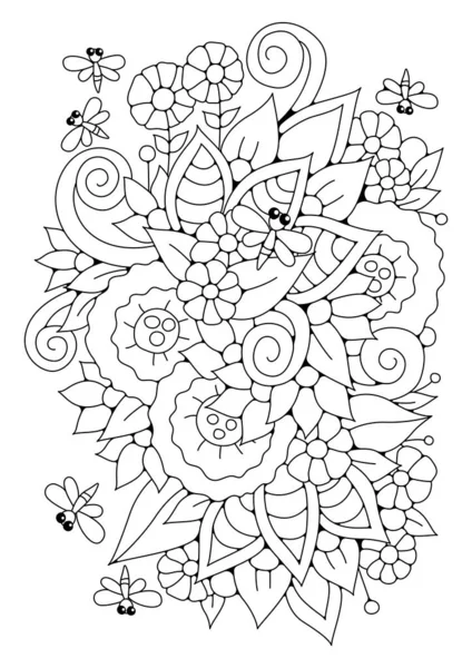 Illustration Vectorielle Noir Blanc Pour Coloration Coloriage Avec Des Fleurs — Image vectorielle