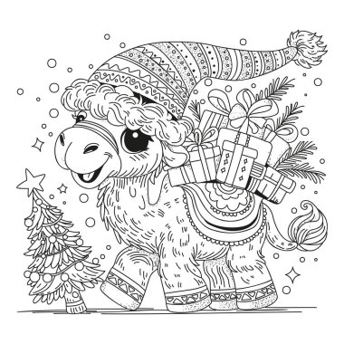 A cute camel wearing a Santa hat carries gift boxes on its back. This coloring page is for kids and adults. Black and white illustration for coloring.