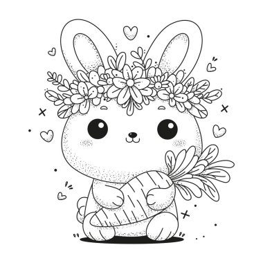 A cute bunny with a flower crown on her head holds a carrot in her paws. This coloring page is for kids and adults. Black and white illustration for coloring.