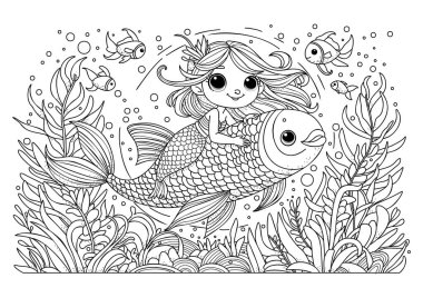 A cute little mermaid swims underwater on top of a big fish. Coloring page for kids and adults.