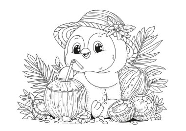 Şirin bir penguen dinleniyor, şapka takıyor, hindistan cevizli milkshake içiyor. Çocuklar ve yetişkinler için boyama sayfası. Renkler için siyah ve beyaz illüstrasyon.