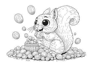 Neşeli bir sincap oturur ve ceviz yer. Bu boyama sayfası yetişkinler ve çocuklar için. Renkler için siyah ve beyaz illüstrasyon.