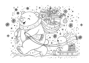 Bir ayı ve bir tavşan Noel hediyeleri taşıyor. Çocuklar ve yetişkinler için boyama sayfası. Renkler için siyah ve beyaz illüstrasyon.